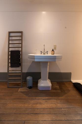 a bathroom with a white sink and a ladder at Maison Michaut in Aignay-le-Duc