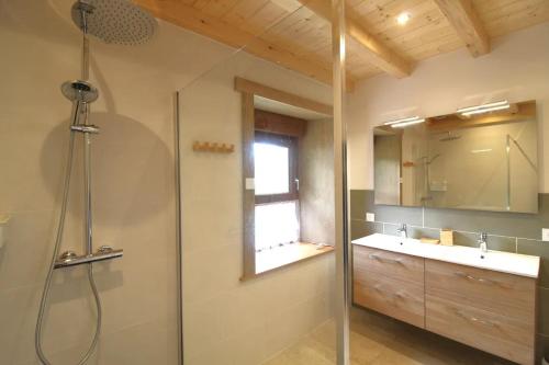 a bathroom with a shower and a sink at La Clé des Champs à Bussang - Gîte tout confort dans les Hautes Vosges in Bussang