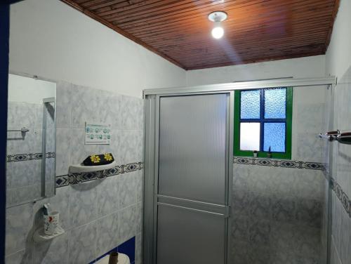 a bathroom with a shower and a window at La Cigarra Casa de Huéspedes in Salento