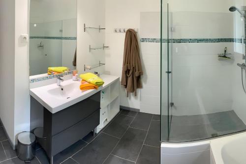 a bathroom with a sink and a shower at Villa jacuzzi entre Lac et Ocean in Cazaux