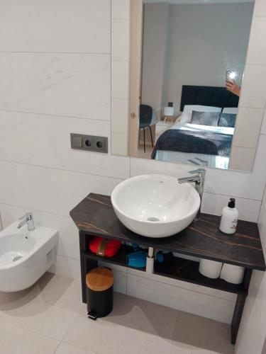 a bathroom with a sink and a mirror and a bed at Aptos Living Libreros climatizados in Salamanca