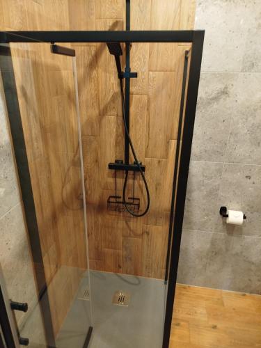 a glass shower door with a cross on the wall at Agroturystyka Pod Orzechem in Lubiąż