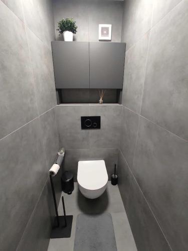 a bathroom with a toilet with a plant on the wall at Ági kuckó in Nyíregyháza