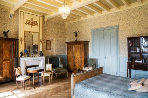 a bedroom with a bed and a desk and a fireplace at Château des Faugs in Boffres