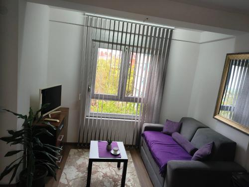 a living room with a purple couch and a table at Apartman Kladovo in Kladovo