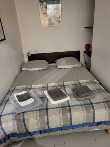 ein Schlafzimmer mit einem Bett mit Handtüchern darauf in der Unterkunft Private Guest Room and Bath Steps from Notre Dame in Paris