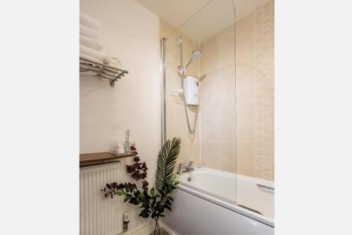 ニュートン・アボットにある2-Bed Apartment Sleeps 4 with Gardenのバスルーム(バスタブ、シャワー、植物付)