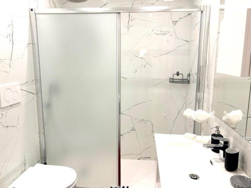 a bathroom with a shower and a sink and a toilet at Stella Marina by Holiday World in Varazze