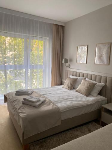 a bedroom with a large bed with a window at Apartamenty Wolności 6 self check-in in Poznań