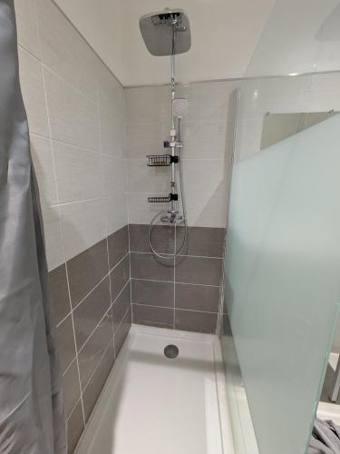 a shower with a glass door in a bathroom at Appartement RDC Soleil in La Flèche