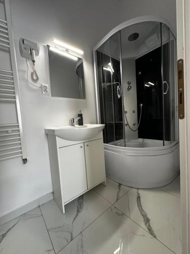 ein weißes Badezimmer mit Waschbecken und Dusche in der Unterkunft Ana House of Rest in Cluj-Napoca
