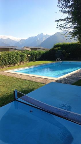 a large swimming pool with mountains in the background at home in residence in Colico