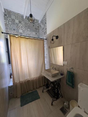 a bathroom with a sink and a shower curtain at El Renacer Duggan in Duggan
