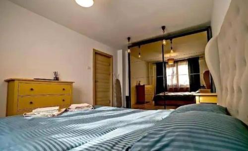 ブカレストにあるLuxury 2BR Apartment Victoriei with Parking!のベッドとドレッサーと鏡のある寝室