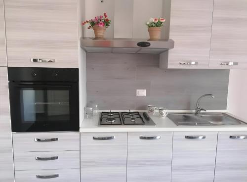 a kitchen with a stove and a sink and a microwave at Casa Vacanze Lu Rizzaru in Nardò