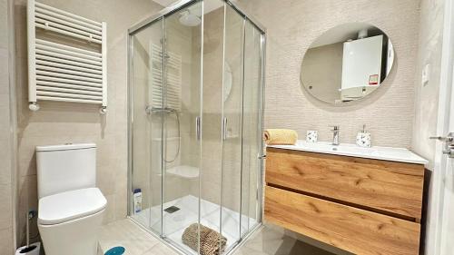 ein Badezimmer mit Dusche, Toilette und Waschbecken in der Unterkunft Habitaciones en Toledo in Madrid