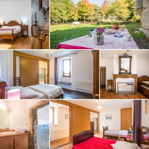 a collage of photos of a bedroom and a living room at Le Prieuré de Saint Sauveur - Climatisation - Séjour Nature & Détente in Comps-la-Grand-Ville