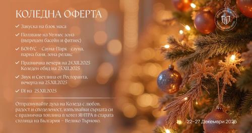 a christmas tree with ornaments on it at Yantra Grand Hotel in Veliko Tŭrnovo
