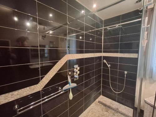 a black tiled bathroom with a shower with a hose at Les Hauts de Belette in Coulounieix-Chamiers