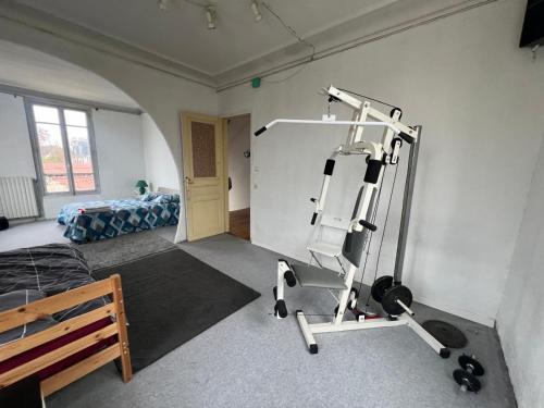 a room with a gym with a treadmill at Paradeux - Chambre dans grande Maison Gite sur Argenteuil, Parking dans cour securisée, pour ouvriers ou groupes de travailleurs in Argenteuil