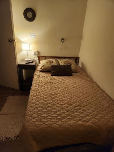 a bed in a bedroom with a lamp on a table at Ven tranquilo al MOVISTAR ARENA in Santiago