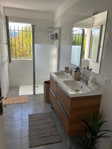 a bathroom with a sink and a mirror at Villa Belle Vue in Laroque