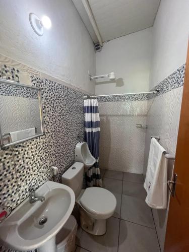 a bathroom with a sink and a toilet and a shower at El encuentro in Atyrá