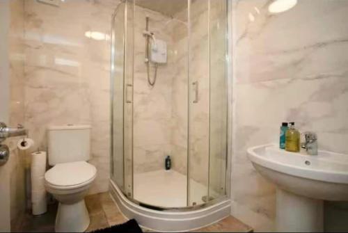 ein Badezimmer mit Dusche, Toilette und Waschbecken in der Unterkunft Base is a lovely place to unwind after a long day in Wincobank