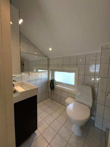 a bathroom with a toilet and a sink and a window at Central family twinhouse in Stavanger