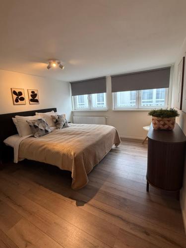 a bedroom with a large bed and two windows at Homes by the C in Zandvoort