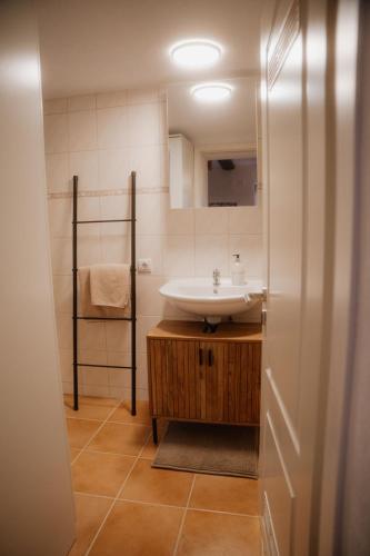a bathroom with a sink and a mirror at Ferienwohnung zur kleinen Grede in Herborn