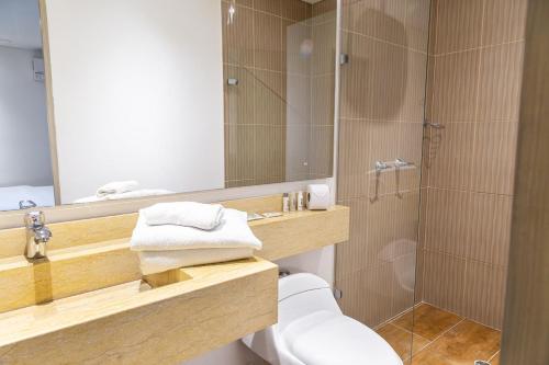 a bathroom with a toilet and a shower with a mirror at Hotel Laureles Loft in Medellín
