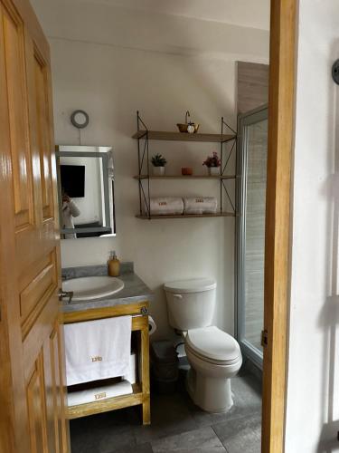 a bathroom with a toilet and a sink and a mirror at Enzo in Santeagueda