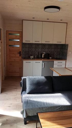 a living room with a couch and a kitchen at Domek Leśna Przystań 