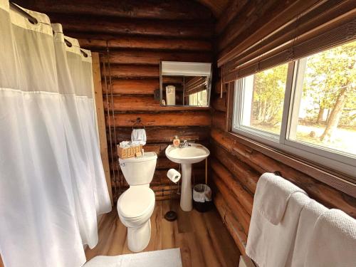 a bathroom with a toilet and a sink in a log cabin at Lakeside Lodge in Saint Ignace