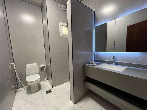 a bathroom with a toilet and a sink and a mirror at شالية فندقي في شاطي البرادايس للعائلات in Durat  Alarous