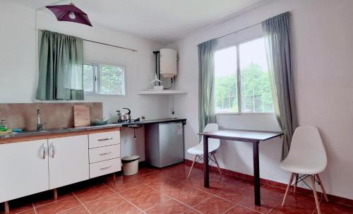 a kitchen with a table and a sink and a window at Apart Sierras Chicas in Río Ceballos