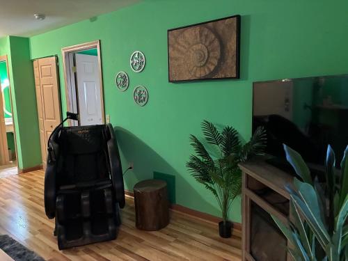 a living room with green walls and a bag on the floor at Jurassic Dino Suite Jiminy-Must See Sleeps 4 in Hancock