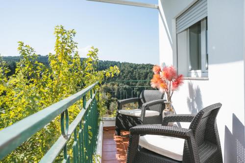 a balcony with chairs and a view of vines at Alojamento Da Cunha in Chaves