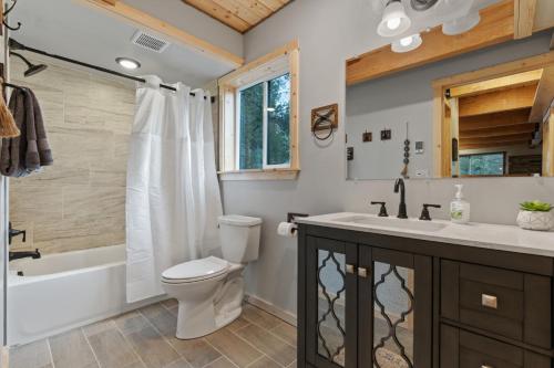 a bathroom with a toilet and a tub and a sink at Timber and Tin in Island Park
