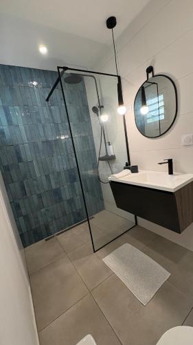 a bathroom with a shower and a sink and a mirror at Le Veloutier by Hestia LCD, 1 chbre avec SPA privé in Bois de Nèfles