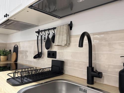a kitchen with a sink and a counter top with utensils at Apartamentos Casa Miguel in Andújar
