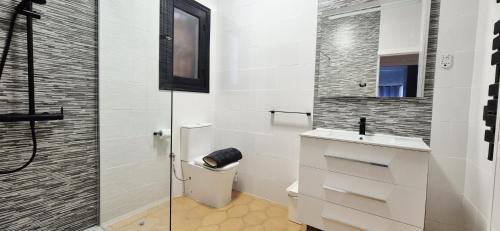 a bathroom with a toilet and a sink and a shower at Apartamento LaPlaza Villamartin in Los Dolses