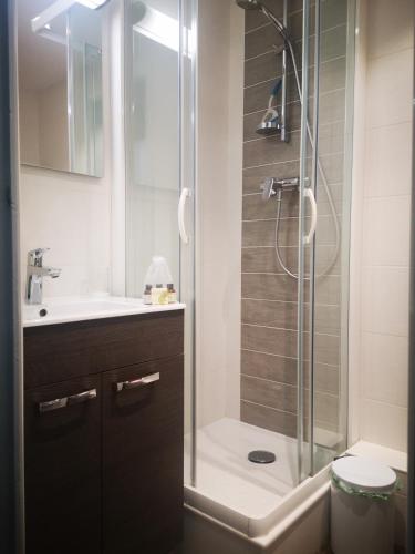 a bathroom with a shower and a sink at Cosy studio in Serre Chevalier in Saint-Chaffrey