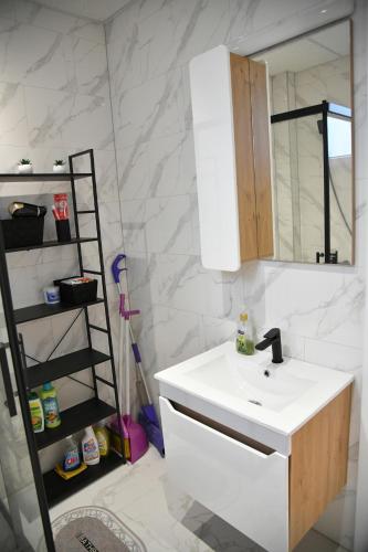 a bathroom with a white sink and a mirror at Apartman Dimić, Vrnjačka Banja in Vrnjačka Banja
