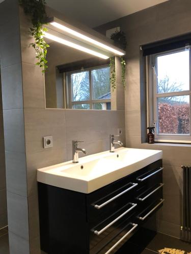 a bathroom with a white sink and a mirror at Onder het dak van Brabant in Mierlo