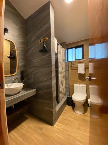 a bathroom with a toilet and a sink and a mirror at Oro Andino Lodge in Caraz