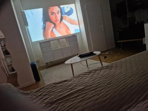 a bedroom with a bed and a large screen at Appartement Victoire in Bordeaux