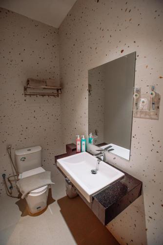 a bathroom with a sink and a toilet and a mirror at The Quadrant Hotel KNO in Medan