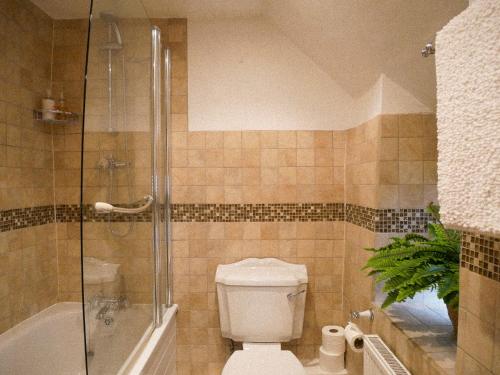 ein Badezimmer mit einer Dusche, einem WC und einer Badewanne in der Unterkunft Charlotte's Cottage, a Charming Cotswolds Getaway in Adlestrop